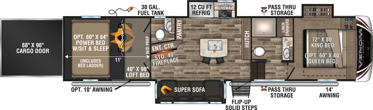 2019 KZ RV Venom V-Series V3411TK Fifth Wheel Toy Hauler Floorplan