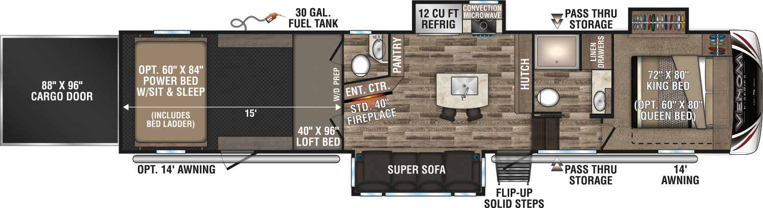 2019 KZ RV Venom V-Series V3815TK Fifth Wheel Toy Hauler Floorplan