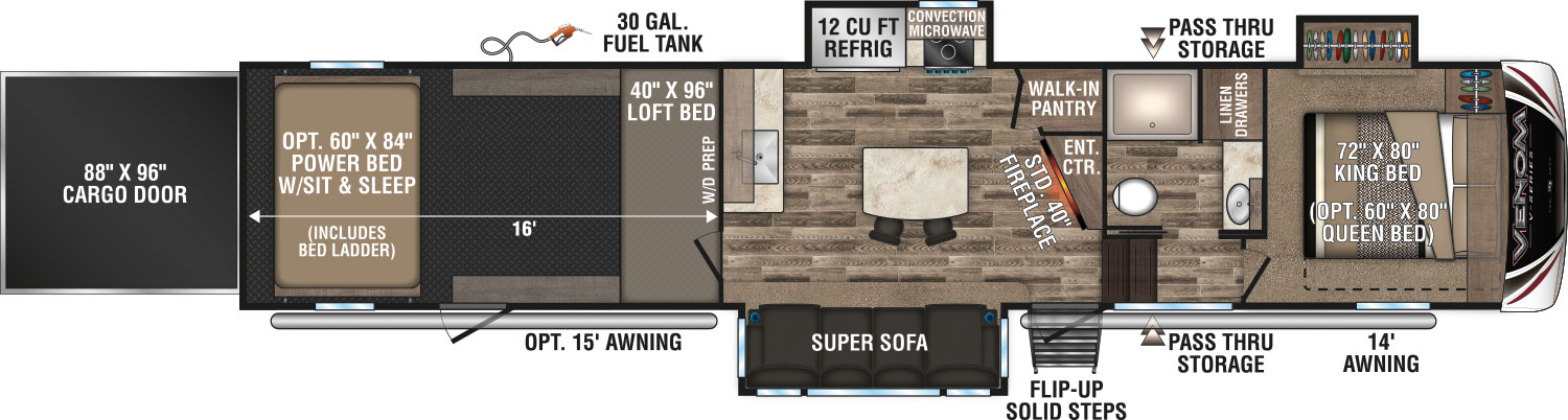 2019 KZ RV Venom V-Series V3916TK Fifth Wheel Toy Hauler Floorplan