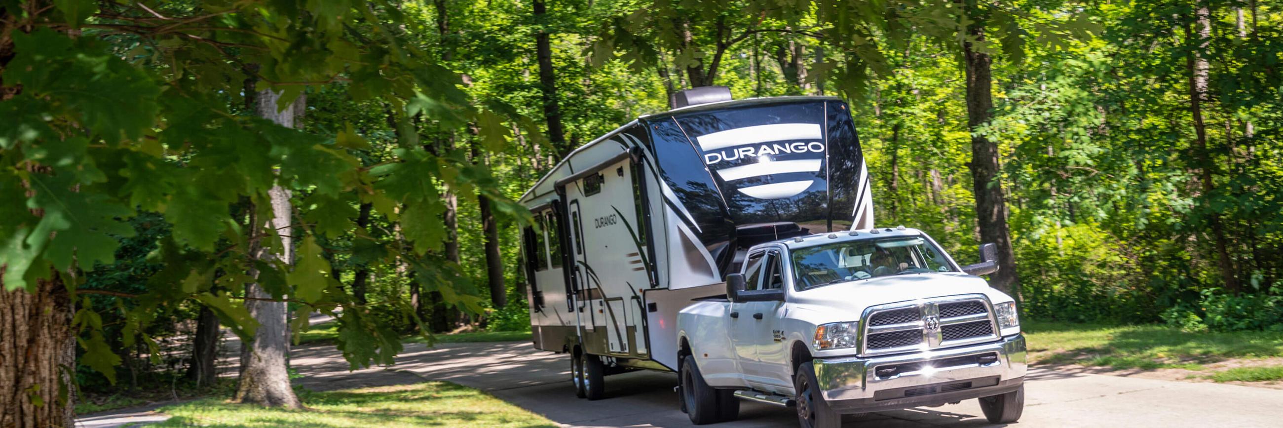 2020 KZ RV Durango Full-Profile Luxury Fifth Wheel Towed on Road