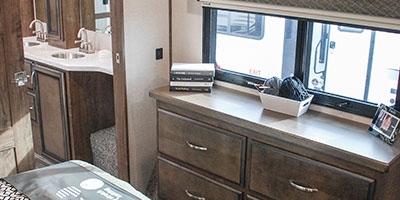 2019 KZ RV Durango Gold G366FBT Fifth Wheel Bedroom Dresser shown in Cascade decor