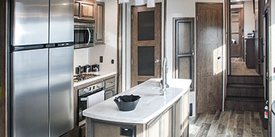 2019 KZ RV Durango Gold G366FBT Fifth Wheel Kitchen shown in Cascade decor