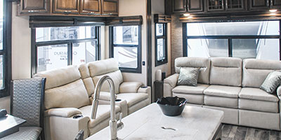 2019 KZ RV Durango Gold G366FBT Fifth Wheel Theater Seating shown in Cascade decor