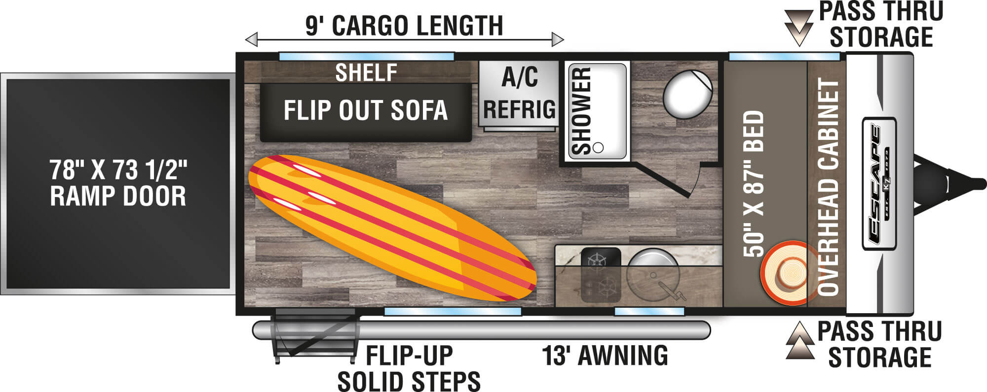 2020 KZ RV Escape E180TH Travel Trailer Toy Hauler Floorplan