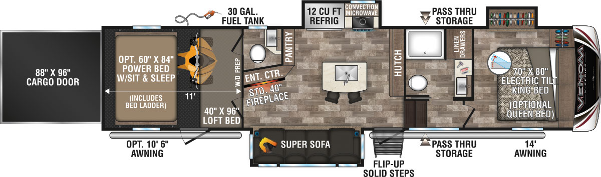 2020 KZ RV Venom V-Series V3411TK Fifth Wheel Toy Hauler Floorplan