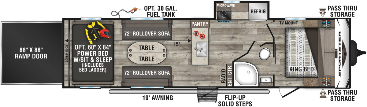 2021 KZ RV Sportster 301THR Travel Trailer Toy Hauler Floorplan