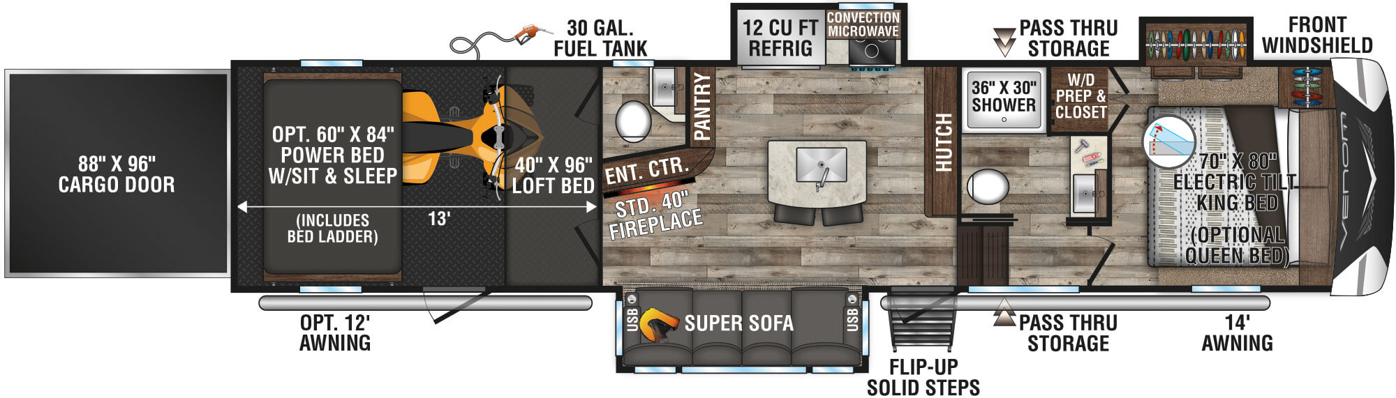 2021 KZ RV Venom V-Series V3313TK Fifth Wheel Toy Hauler Floorplan