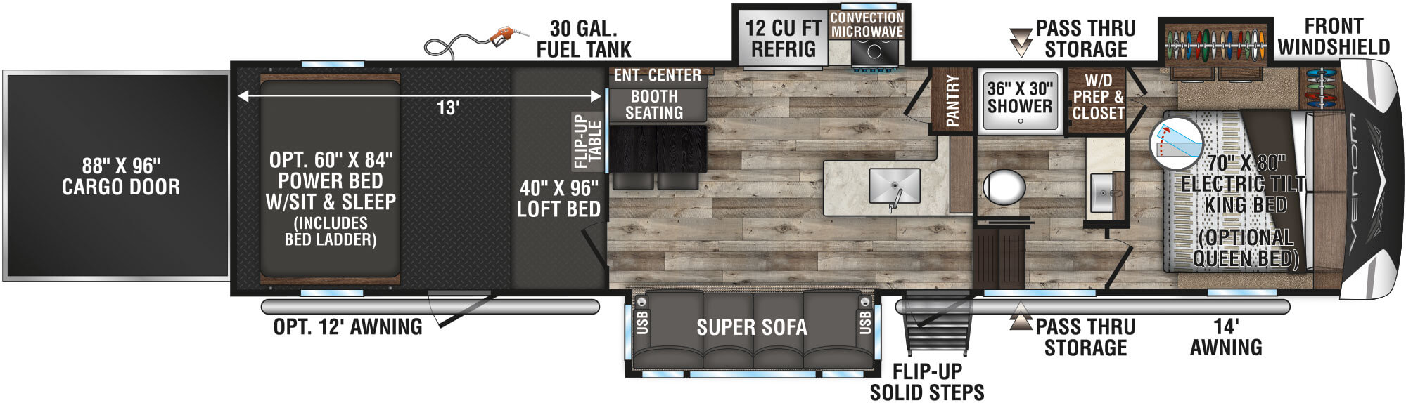 2021 KZ RV Venom V-Series V3413TK Fifth Wheel Toy Hauler Floorplan