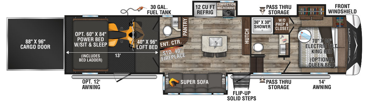 2021 KZ RV Venom V-Series V3313TK Fifth Wheel Toy Hauler Floorplan