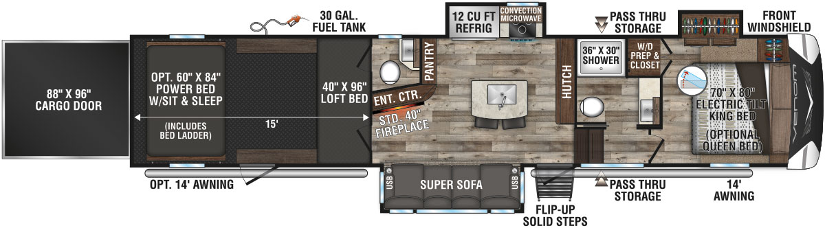 2021 KZ RV Venom V-Series V3815TK Fifth Wheel Toy Hauler Floorplan