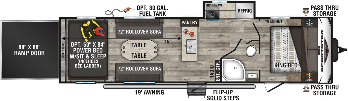 2022 KZ RV Sportster 301THR Travel Trailer Toy Hauler Floorplan