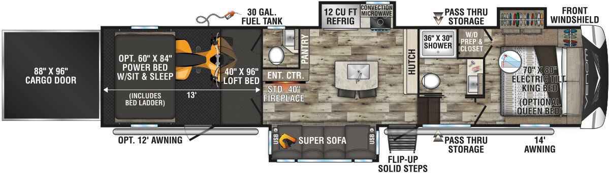 2022 KZ RV Venom V-Series V3313TK Fifth Wheel Toy Hauler Floorplan