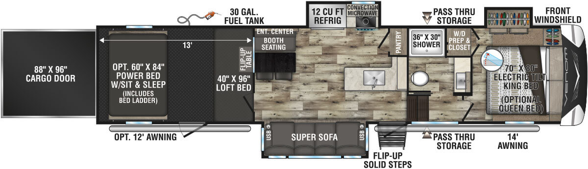 2022 KZ RV Venom V-Series V3413TK Fifth Wheel Toy Hauler Floorplan