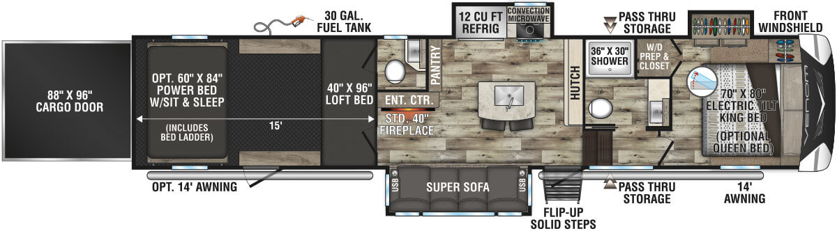 2022 KZ RV Venom V-Series V3815TK Fifth Wheel Toy Hauler Floorplan