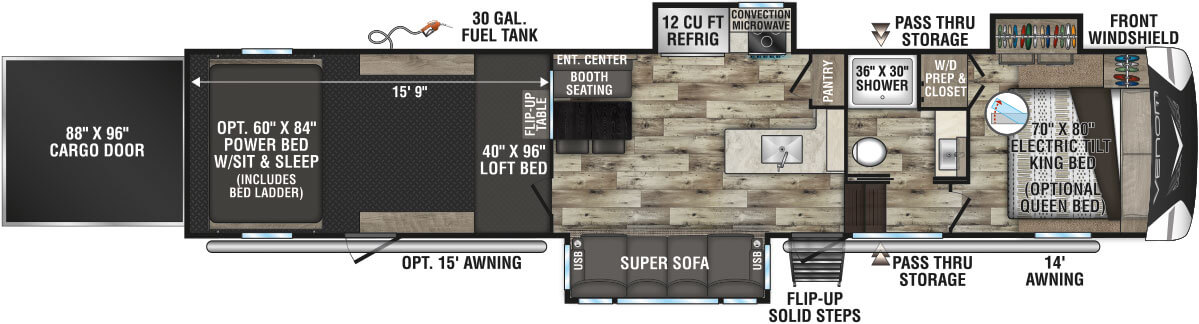 2022 KZ RV Venom V-Series V3916TK Fifth Wheel Toy Hauler Floorplan