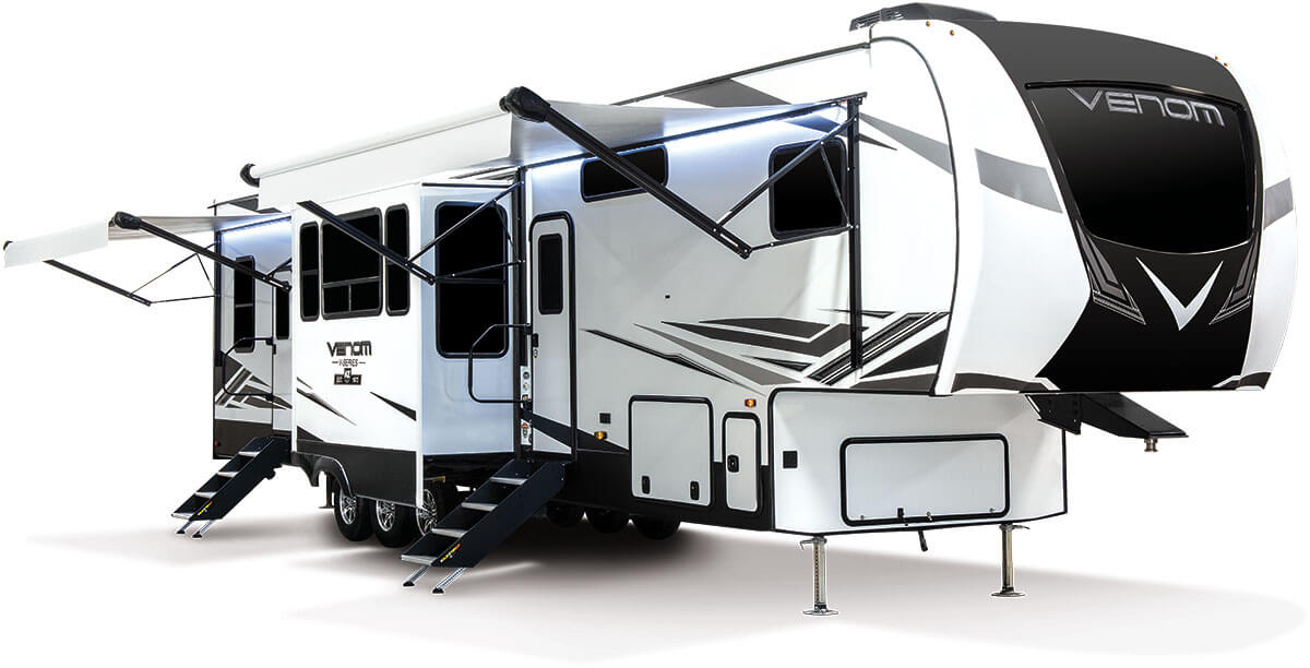 2022 KZ RV Venom V-Series V3916TK Fifth Wheel Toy Hauler Exterior with Awning Out