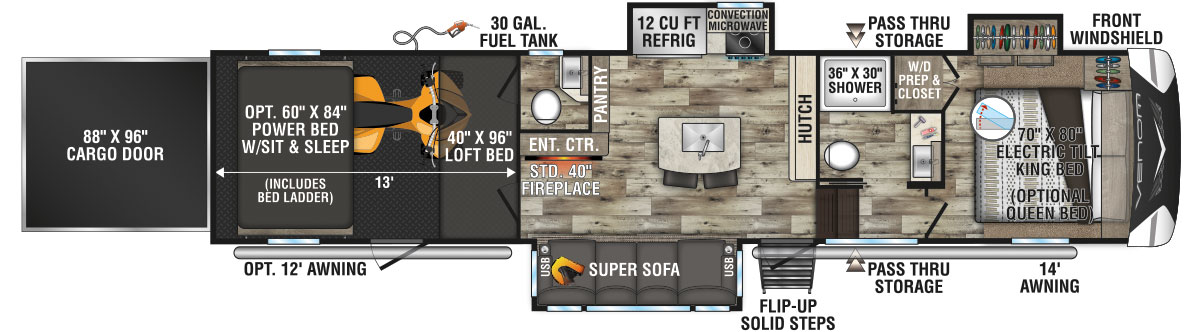 2022 KZ RV Venom V-Series V3313TK Fifth Wheel Toy Hauler Floorplan