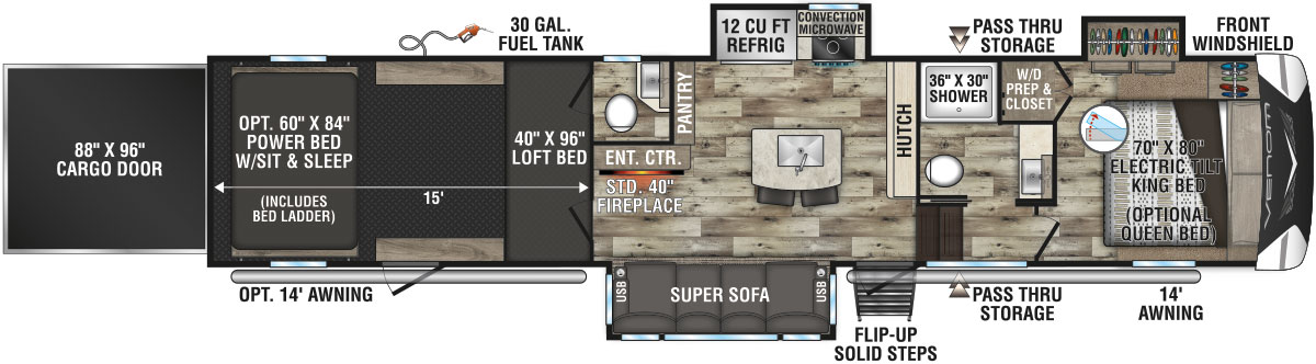 2022 KZ RV Venom V-Series V3815TK Fifth Wheel Toy Hauler Floorplan