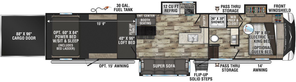 2022 KZ RV Venom V-Series V3916TK Fifth Wheel Toy Hauler Floorplan