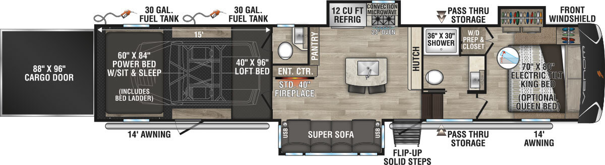 2023 KZ RV Robby Gordon Speed UTV Venom V-Series 3815RG Fifth Wheel Toy Hauler Floorplan