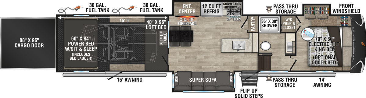 2023 KZ RV Robby Gordon Speed UTV Venom V-Series 3916RG Fifth Wheel Toy Hauler Floorplan