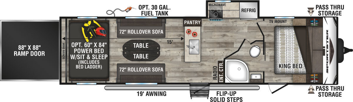 2023 KZ RV Sportster 301THR Travel Trailer Toy Hauler Floorplan