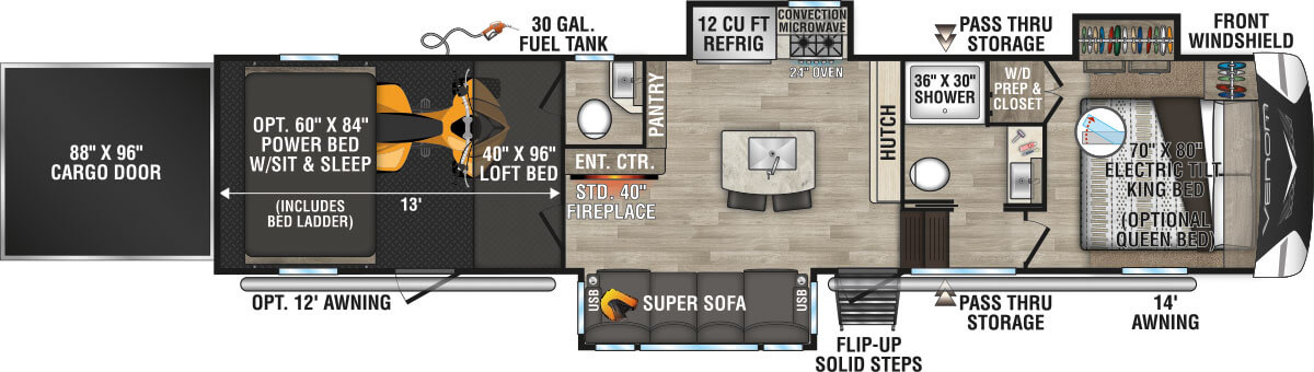 2023 KZ RV Venom V-Series V3313TK Fifth Wheel Toy Hauler Floorplan