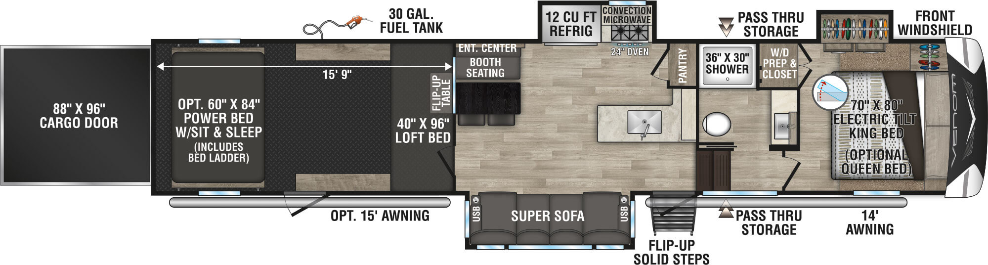 2023 KZ RV Venom V-Series V3916TK Fifth Wheel Toy Hauler Floorplan