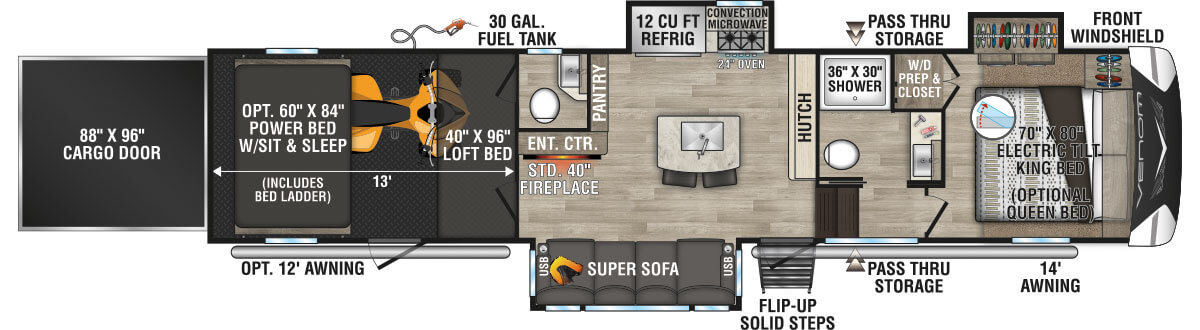 2023 KZ RV Venom V-Series V3313TK Fifth Wheel Toy Hauler Floorplan