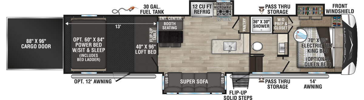 2023 KZ RV Venom V-Series V3413TK Fifth Wheel Toy Hauler Floorplan