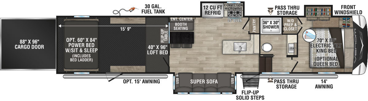 2023 KZ RV Venom V-Series V3916TK Fifth Wheel Toy Hauler Floorplan