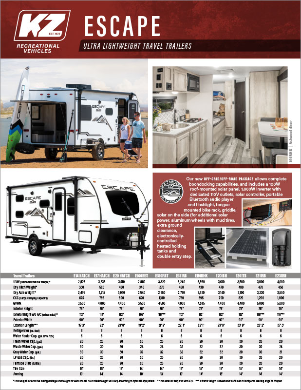 2021 KZ RV Escape Ultra Lightweight Travel Trailers Brochure