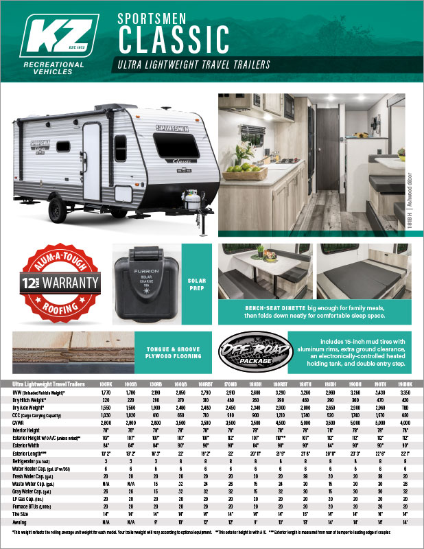 2021 KZ RV Sportsmen Classic Ultra Lightweight Travel Trailers Brochure