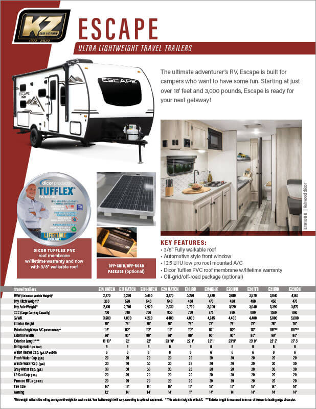 2022 KZ RV Escape Ultra Lightweight Travel Trailers Brochure