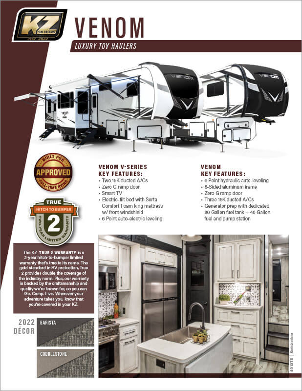 2022 KZ RV Venom V-Series Luxury Fifth Wheel Toy Haulers Brochure