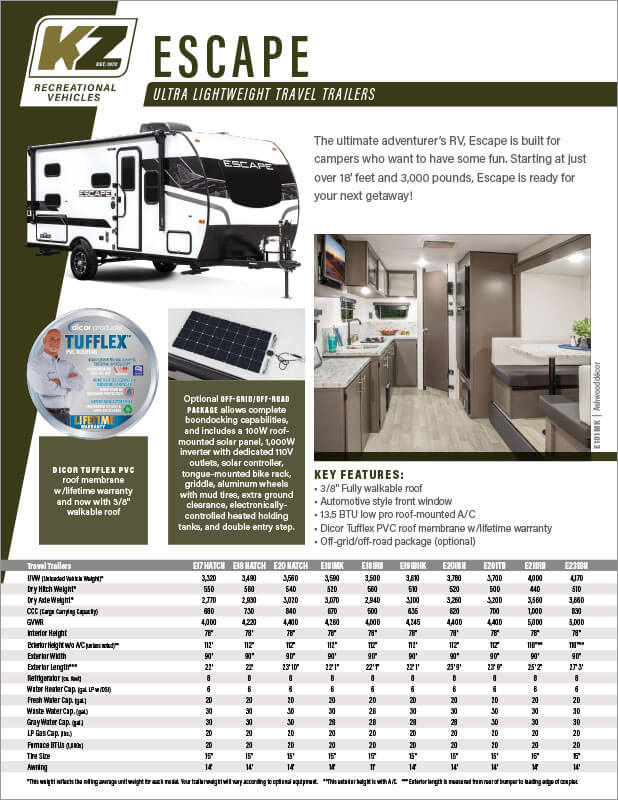 2023 KZ RV Escape Ultra Lightweight Travel Trailers Brochure