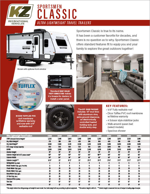 2023 KZ RV Sportsmen Classic Ultra Lightweight Travel Trailers Brochure