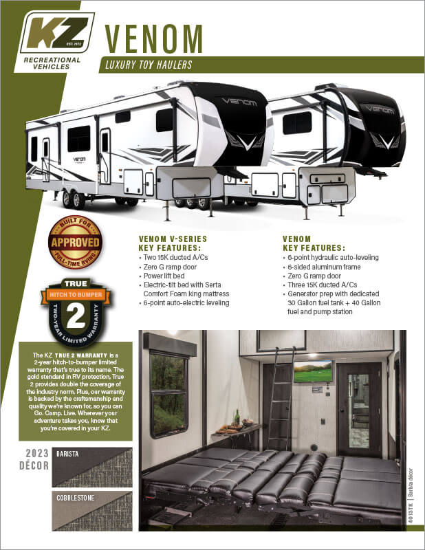 2023 KZ RV Venom Luxury Fifth Wheel Toy Haulers Brochure