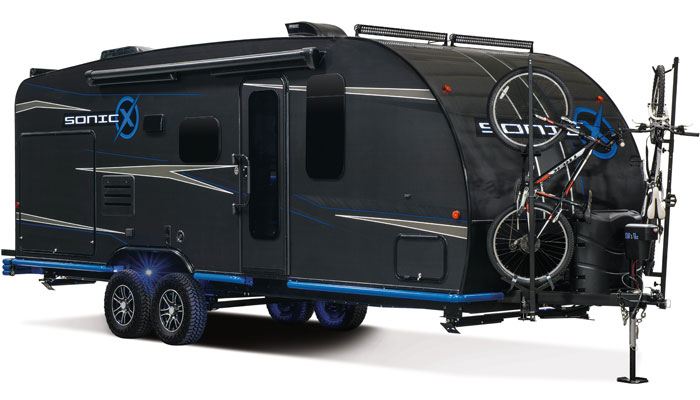 2019 Venture RV Sonic-X SN220VRB Travel Trailer Exterior Front 3-4 Door Side