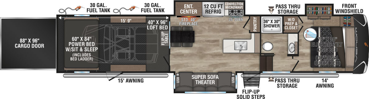 2024 KZ RV Robby Gordon Speed UTV Venom V-Series 3815RG Fifth Wheel Toy Hauler Floorplan