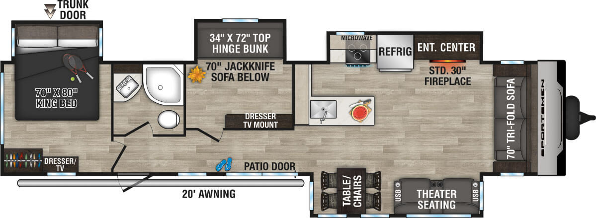 2024 KZ RV Sportsmen Destination 364BH Travel Trailer Floorplan